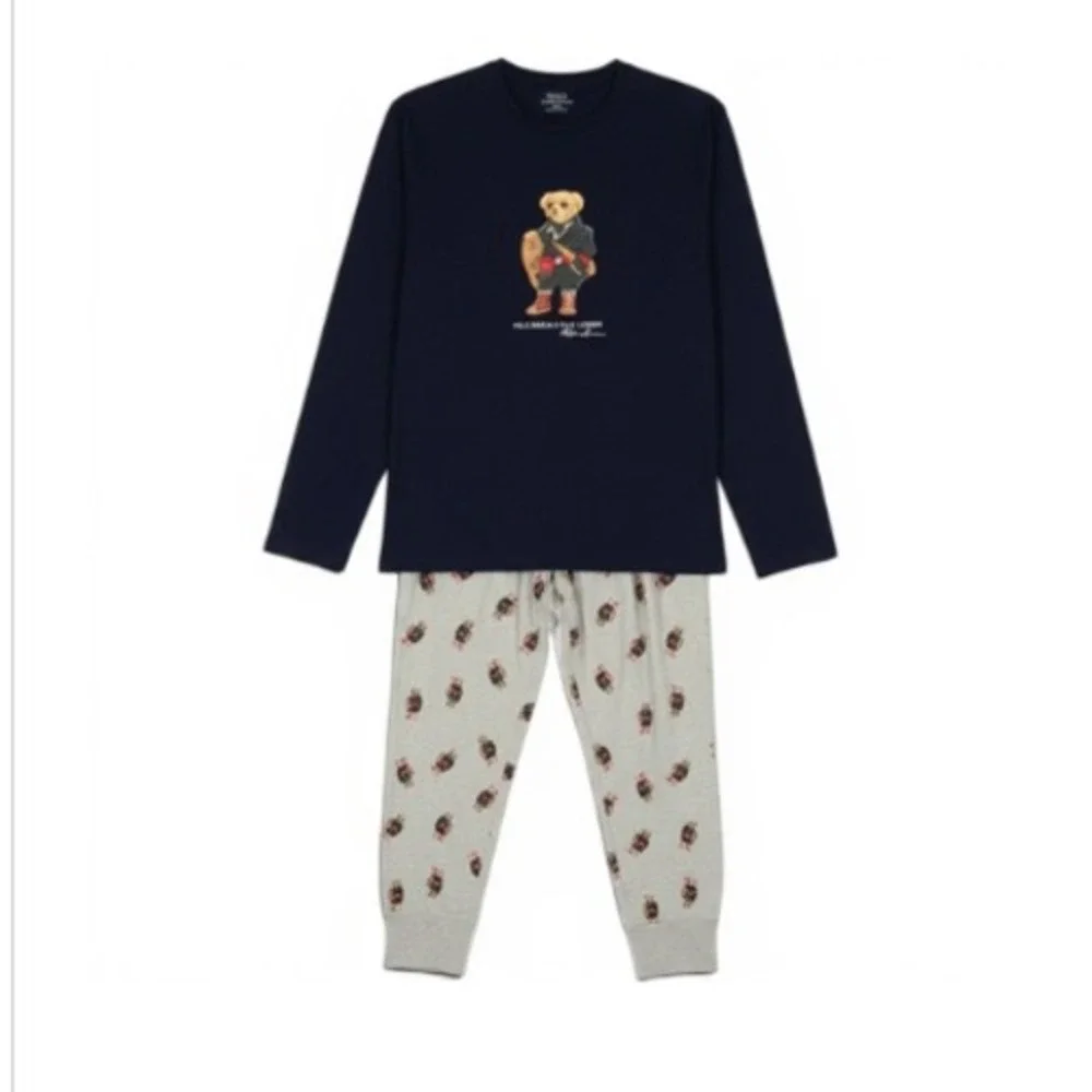 Polo Ralph Lauren Pajama Set Mens Large Blue Grey Polo Bear Winter $99 NWT